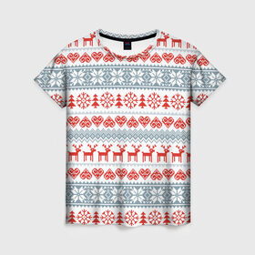 Женская футболка 3D с принтом Новогодний пиксельный узор в Екатеринбурге, 100% полиэфир ( синтетическое хлопкоподобное полотно) | прямой крой, круглый вырез горловины, длина до линии бедер | christmas | deer | hearts | new year | pattern | pixels | snowflakes | trees | елки | новый год | олени | пиксели | рождество | сердечки | снежинки | узор