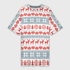 Платье-футболка 3D с принтом Новогодний пиксельный узор в Екатеринбурге,  |  | christmas | deer | hearts | new year | pattern | pixels | snowflakes | trees | елки | новый год | олени | пиксели | рождество | сердечки | снежинки | узор