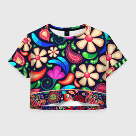 Женская футболка Crop-top 3D с принтом Цветочный Узор в Екатеринбурге, 100% полиэстер | круглая горловина, длина футболки до линии талии, рукава с отворотами | животные | мозаика | природа | птицы | растения | текстура | узор | фольклор | хохлома | цветы