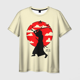 Мужская футболка 3D с принтом Japan samurai в Екатеринбурге, 100% полиэфир | прямой крой, круглый вырез горловины, длина до линии бедер | boy | japan style | japanese aesthetics | ninja | samurai | воин | иероглифы | катана | красная луна | меч | ниндзя | рыцарь | самурай | солдат | харакири | черный самурай | япония | японская анимация | японская эстетика