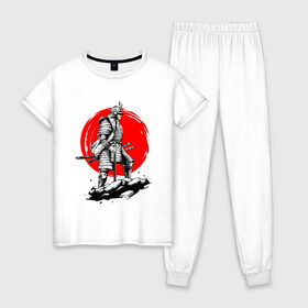 Женская пижама хлопок с принтом САМУРАЙ в Екатеринбурге, 100% хлопок | брюки и футболка прямого кроя, без карманов, на брюках мягкая резинка на поясе и по низу штанин | ninja | oni | samurai | shogun | путь воина. | самурай | самурай на коне | сёгун | токио | харакири | чёрный самурай | японский самурай