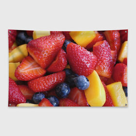 Флаг-баннер с принтом Фругтово-ягодное изобилие в Екатеринбурге, 100% полиэстер | размер 67 х 109 см, плотность ткани — 95 г/м2; по краям флага есть четыре люверса для крепления | еда | клубника | манго | фрукт | фрукты | черника | ягода | ягоды