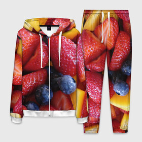 Мужской костюм 3D с принтом Фругтово-ягодное изобилие в Екатеринбурге, 100% полиэстер | Манжеты и пояс оформлены тканевой резинкой, двухслойный капюшон со шнурком для регулировки, карманы спереди | еда | клубника | манго | фрукт | фрукты | черника | ягода | ягоды