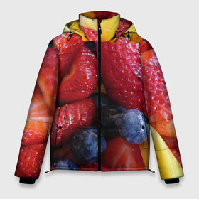 Мужская зимняя куртка 3D с принтом Фругтово-ягодное изобилие в Екатеринбурге, верх — 100% полиэстер; подкладка — 100% полиэстер; утеплитель — 100% полиэстер | длина ниже бедра, свободный силуэт Оверсайз. Есть воротник-стойка, отстегивающийся капюшон и ветрозащитная планка. 

Боковые карманы с листочкой на кнопках и внутренний карман на молнии. | еда | клубника | манго | фрукт | фрукты | черника | ягода | ягоды