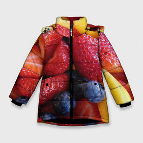 Зимняя куртка для девочек 3D с принтом Фругтово-ягодное изобилие в Екатеринбурге, ткань верха — 100% полиэстер; подклад — 100% полиэстер, утеплитель — 100% полиэстер. | длина ниже бедра, удлиненная спинка, воротник стойка и отстегивающийся капюшон. Есть боковые карманы с листочкой на кнопках, утяжки по низу изделия и внутренний карман на молнии. 

Предусмотрены светоотражающий принт на спинке, радужный светоотражающий элемент на пуллере молнии и на резинке для утяжки. | еда | клубника | манго | фрукт | фрукты | черника | ягода | ягоды