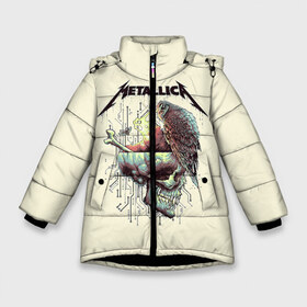 Зимняя куртка для девочек 3D с принтом Metallica в Екатеринбурге, ткань верха — 100% полиэстер; подклад — 100% полиэстер, утеплитель — 100% полиэстер. | длина ниже бедра, удлиненная спинка, воротник стойка и отстегивающийся капюшон. Есть боковые карманы с листочкой на кнопках, утяжки по низу изделия и внутренний карман на молнии. 

Предусмотрены светоотражающий принт на спинке, радужный светоотражающий элемент на пуллере молнии и на резинке для утяжки. | metal | metallica | rock | джеймс хэтфилд | классика | легенда | метал | металлика | популярное | рок | рокгруппа
