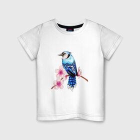 Детская футболка хлопок с принтом Сойка на ветке в Екатеринбурге, 100% хлопок | круглый вырез горловины, полуприлегающий силуэт, длина до линии бедер | арт | ветка дерева | веточка | веточка дерева | голубая сойка | рисунок | розовые цветы | розовый цветок | сакура | синяя птица ветка | синяя сойка | сойка | цветок | цветы