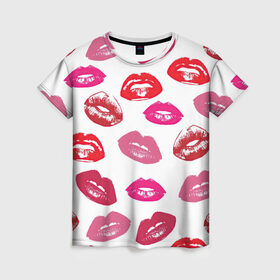 Женская футболка 3D с принтом Губы в Екатеринбурге, 100% полиэфир ( синтетическое хлопкоподобное полотно) | прямой крой, круглый вырез горловины, длина до линии бедер | арт | бардовый | губы | косметика | красный | помада | поцелуи | поцелуй | рисунок | розовый