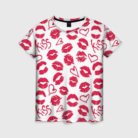 Женская футболка 3D с принтом Поцелуи в Екатеринбурге, 100% полиэфир ( синтетическое хлопкоподобное полотно) | прямой крой, круглый вырез горловины, длина до линии бедер | английский | английский текст | английский язык | арт | бардовый | губы | иностранный | иностранный текст | иностранный язык | косметика | красный | помада | поцелуи | поцелуй | рисунок | розовый