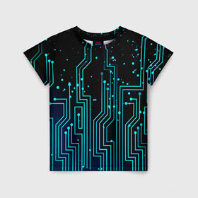 Детская футболка 3D с принтом Цифровая Схема в Екатеринбурге, 100% гипоаллергенный полиэфир | прямой крой, круглый вырез горловины, длина до линии бедер, чуть спущенное плечо, ткань немного тянется | neon | геометрия | маска | неон | полосы | свет | текстура | узор | черный | шары