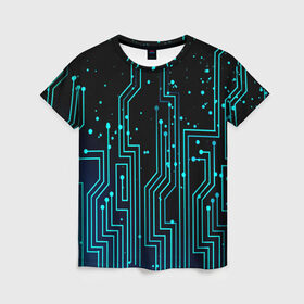 Женская футболка 3D с принтом Цифровая Схема в Екатеринбурге, 100% полиэфир ( синтетическое хлопкоподобное полотно) | прямой крой, круглый вырез горловины, длина до линии бедер | neon | геометрия | маска | неон | полосы | свет | текстура | узор | черный | шары