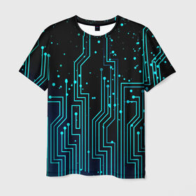 Мужская футболка 3D с принтом Цифровая Схема в Екатеринбурге, 100% полиэфир | прямой крой, круглый вырез горловины, длина до линии бедер | neon | геометрия | маска | неон | полосы | свет | текстура | узор | черный | шары