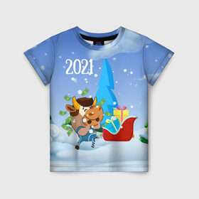 Детская футболка 3D с принтом Новый год 2021 в Екатеринбурге, 100% гипоаллергенный полиэфир | прямой крой, круглый вырез горловины, длина до линии бедер, чуть спущенное плечо, ткань немного тянется | 2021 | 7 января | bull | newyear | santa | бык | быки | бычок | год быка | дед мороз | корова | новогодние каникулы | новогодние праздники | новый 2021 | новый год | новый год 2021 | рождество | сани | санта | санта клаус