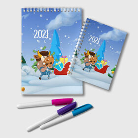 Блокнот с принтом Новый год 2021 в Екатеринбурге, 100% бумага | 48 листов, плотность листов — 60 г/м2, плотность картонной обложки — 250 г/м2. Листы скреплены удобной пружинной спиралью. Цвет линий — светло-серый
 | 2021 | 7 января | bull | newyear | santa | бык | быки | бычок | год быка | дед мороз | корова | новогодние каникулы | новогодние праздники | новый 2021 | новый год | новый год 2021 | рождество | сани | санта | санта клаус
