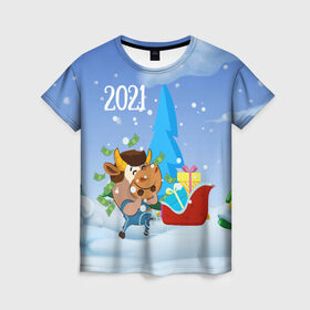 Женская футболка 3D с принтом Новый год 2021 в Екатеринбурге, 100% полиэфир ( синтетическое хлопкоподобное полотно) | прямой крой, круглый вырез горловины, длина до линии бедер | 2021 | 7 января | bull | newyear | santa | бык | быки | бычок | год быка | дед мороз | корова | новогодние каникулы | новогодние праздники | новый 2021 | новый год | новый год 2021 | рождество | сани | санта | санта клаус
