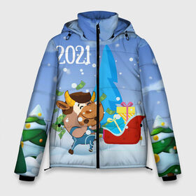 Мужская зимняя куртка 3D с принтом Новый год 2021 в Екатеринбурге, верх — 100% полиэстер; подкладка — 100% полиэстер; утеплитель — 100% полиэстер | длина ниже бедра, свободный силуэт Оверсайз. Есть воротник-стойка, отстегивающийся капюшон и ветрозащитная планка. 

Боковые карманы с листочкой на кнопках и внутренний карман на молнии. | 2021 | 7 января | bull | newyear | santa | бык | быки | бычок | год быка | дед мороз | корова | новогодние каникулы | новогодние праздники | новый 2021 | новый год | новый год 2021 | рождество | сани | санта | санта клаус