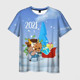 Мужская футболка 3D с принтом Новый год 2021 в Екатеринбурге, 100% полиэфир | прямой крой, круглый вырез горловины, длина до линии бедер | 2021 | 7 января | bull | newyear | santa | бык | быки | бычок | год быка | дед мороз | корова | новогодние каникулы | новогодние праздники | новый 2021 | новый год | новый год 2021 | рождество | сани | санта | санта клаус