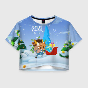Женская футболка Crop-top 3D с принтом Новый год 2021 в Екатеринбурге, 100% полиэстер | круглая горловина, длина футболки до линии талии, рукава с отворотами | 2021 | 7 января | bull | newyear | santa | бык | быки | бычок | год быка | дед мороз | корова | новогодние каникулы | новогодние праздники | новый 2021 | новый год | новый год 2021 | рождество | сани | санта | санта клаус