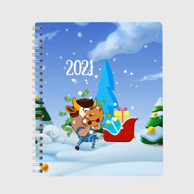 Тетрадь с принтом Новый год 2021 в Екатеринбурге, 100% бумага | 48 листов, плотность листов — 60 г/м2, плотность картонной обложки — 250 г/м2. Листы скреплены сбоку удобной пружинной спиралью. Уголки страниц и обложки скругленные. Цвет линий — светло-серый
 | 2021 | 7 января | bull | newyear | santa | бык | быки | бычок | год быка | дед мороз | корова | новогодние каникулы | новогодние праздники | новый 2021 | новый год | новый год 2021 | рождество | сани | санта | санта клаус