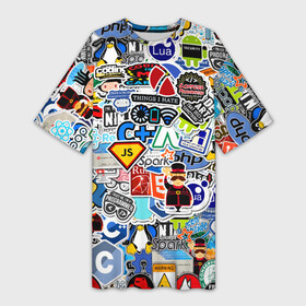 Платье-футболка 3D с принтом Programming stickers в Екатеринбурге,  |  | css | it | linux | programming | wi fi | код | компьютер | линукс | программирование | профессия | стикер бомбинг