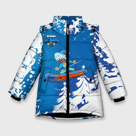 Зимняя куртка для девочек 3D с принтом Brawl Stars (Snowboarding) в Екатеринбурге, ткань верха — 100% полиэстер; подклад — 100% полиэстер, утеплитель — 100% полиэстер. | длина ниже бедра, удлиненная спинка, воротник стойка и отстегивающийся капюшон. Есть боковые карманы с листочкой на кнопках, утяжки по низу изделия и внутренний карман на молнии. 

Предусмотрены светоотражающий принт на спинке, радужный светоотражающий элемент на пуллере молнии и на резинке для утяжки. | Тематика изображения на принте: brawl | break dance | leon | moba | skateboard | stars | supercell | surfing | игра | коллаборация | коллаж | колоборация | паттерн