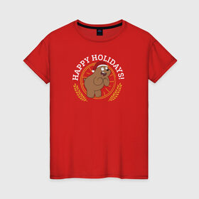 Женская футболка хлопок с принтом Happy holidays! в Екатеринбурге, 100% хлопок | прямой крой, круглый вырез горловины, длина до линии бедер, слегка спущенное плечо | cartoon network | grizz | vdkimel | we bare bears | вся правда о медведях | гризли
