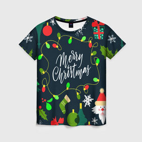 Женская футболка 3D с принтом Merry Christmas в Екатеринбурге, 100% полиэфир ( синтетическое хлопкоподобное полотно) | прямой крой, круглый вырез горловины, длина до линии бедер | 2020 | 2021 | new year | гирлянда | дед мороз | елка | зеленый | игрушка | клаус | конфеты | нг | новый год | носок | перчатка | подарок | рождество | с | санта | сладости | снег | снеговик | снежинка | шапка | шары