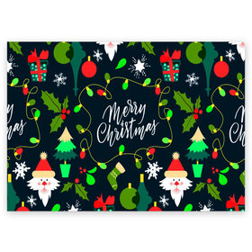 Поздравительная открытка с принтом Merry Christmas в Екатеринбурге, 100% бумага | плотность бумаги 280 г/м2, матовая, на обратной стороне линовка и место для марки
 | 2020 | 2021 | new year | гирлянда | дед мороз | елка | зеленый | игрушка | клаус | конфеты | нг | новый год | носок | перчатка | подарок | рождество | с | санта | сладости | снег | снеговик | снежинка | шапка | шары