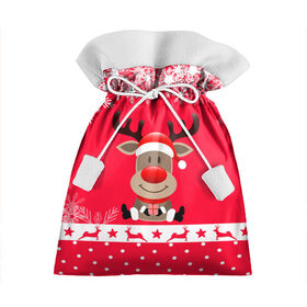 Подарочный 3D мешок с принтом Олень с подарком в Екатеринбурге, 100% полиэстер | Размер: 29*39 см | Тематика изображения на принте: 2021 | new year | деда мороза | к нам приходит | клауса | костюм | новогодний | новый год | праздник | рождество | рудольф | санты | снег | снежинки | снежок | узор