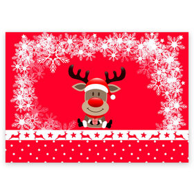 Поздравительная открытка с принтом Олень с подарком в Екатеринбурге, 100% бумага | плотность бумаги 280 г/м2, матовая, на обратной стороне линовка и место для марки
 | 2021 | new year | деда мороза | к нам приходит | клауса | костюм | новогодний | новый год | праздник | рождество | рудольф | санты | снег | снежинки | снежок | узор