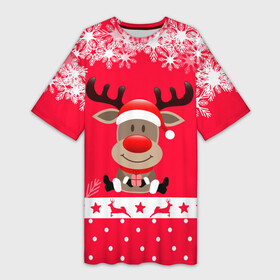 Платье-футболка 3D с принтом Олень с подарком в Екатеринбурге,  |  | 2021 | new year | деда мороза | к нам приходит | клауса | костюм | новогодний | новый год | праздник | рождество | рудольф | санты | снег | снежинки | снежок | узор