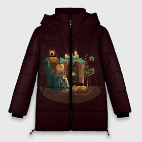 Женская зимняя куртка 3D с принтом Уютный зимний кот и мышка в Екатеринбурге, верх — 100% полиэстер; подкладка — 100% полиэстер; утеплитель — 100% полиэстер | длина ниже бедра, силуэт Оверсайз. Есть воротник-стойка, отстегивающийся капюшон и ветрозащитная планка. 

Боковые карманы с листочкой на кнопках и внутренний карман на молнии | Тематика изображения на принте: cat | cat and mouse | cozy | cut | fireplace | happy new year | illustration | winter | елка | зима | иллюстрация | камин | канун | кошка | мультяшки | мышка | новогодний | новый год | персонажи | праздник | праздничный | свечки | уют 