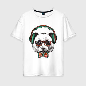 Женская футболка хлопок Oversize с принтом панда-хипстер в Екатеринбурге, 100% хлопок | свободный крой, круглый ворот, спущенный рукав, длина до линии бедер
 | винтаж | медведь | меломан | наушники | очки | панда | ретро | хипстер