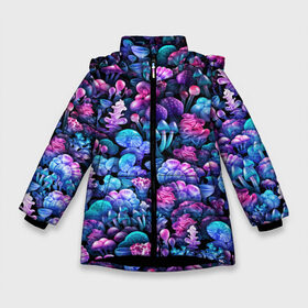 Зимняя куртка для девочек 3D с принтом Волшебные грибы в Екатеринбурге, ткань верха — 100% полиэстер; подклад — 100% полиэстер, утеплитель — 100% полиэстер. | длина ниже бедра, удлиненная спинка, воротник стойка и отстегивающийся капюшон. Есть боковые карманы с листочкой на кнопках, утяжки по низу изделия и внутренний карман на молнии. 

Предусмотрены светоотражающий принт на спинке, радужный светоотражающий элемент на пуллере молнии и на резинке для утяжки. | neon | гриб | грибник | грибочки | магия | мистика | мухомор | паттерн | поганки | психоделика | психоделический | свет | сияние