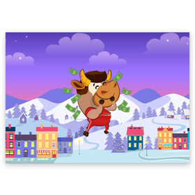 Поздравительная открытка с принтом Денежный бык в Екатеринбурге, 100% бумага | плотность бумаги 280 г/м2, матовая, на обратной стороне линовка и место для марки
 | 2021 | 7 января | bull | newyear | santa | бык | быки | бычок | год быка | дед мороз | корова | новогодние каникулы | новогодние праздники | новый 2021 | новый год | новый год 2021 | рождество | сани | санта | санта клаус