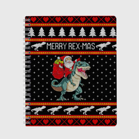 Тетрадь с принтом Merry Rex-mas в Екатеринбурге, 100% бумага | 48 листов, плотность листов — 60 г/м2, плотность картонной обложки — 250 г/м2. Листы скреплены сбоку удобной пружинной спиралью. Уголки страниц и обложки скругленные. Цвет линий — светло-серый
 | 2020 | 2021 | christmas | dino | happy | merry | new year | rex | santa | sweater | t rex | ugly christmas | динозавр | зима | новогодний | новогодняя | новый год | рождественский | рождественский свитер | рождество | санта | свитер | снег
