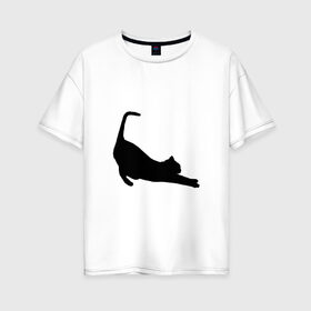 Женская футболка хлопок Oversize с принтом Кошка подтягивается в Екатеринбурге, 100% хлопок | свободный крой, круглый ворот, спущенный рукав, длина до линии бедер
 | животные | звери | картинки | кошка | популярные | прикольные | силуэт | тренды | хвост