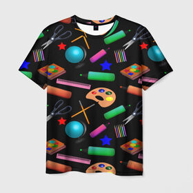 Мужская футболка 3D с принтом Снова в школу в Екатеринбурге, 100% полиэфир | прямой крой, круглый вырез горловины, длина до линии бедер | глобус | карандаш | кисточка | класс | краски | линейка | математика | ножницы | перемена | портфель | физика | школа