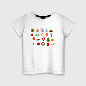 Детская футболка хлопок с принтом новогоднее настроение в Екатеринбурге, 100% хлопок | круглый вырез горловины, полуприлегающий силуэт, длина до линии бедер | бант | гирлянда | дед мороз | звезда | игрушка | картинки | леденец | новый год | подарок | популярные | прикольные | пряник | снежинка