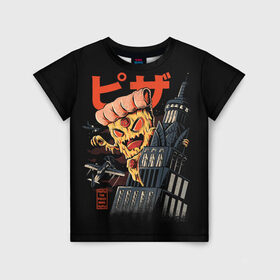 Детская футболка 3D с принтом Pizza Kong в Екатеринбурге, 100% гипоаллергенный полиэфир | прямой крой, круглый вырез горловины, длина до линии бедер, чуть спущенное плечо, ткань немного тянется | Тематика изображения на принте: 666 | alien | astral | demon | fast | food | ghost | halloween | horror | kong | monster | pizza | астрал | восставший из ада | демон | монстр | пицца | призрак | ужасы | фастфуд | хоррор