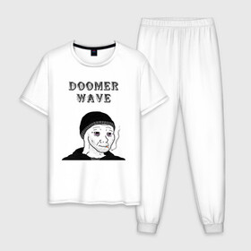 Мужская пижама хлопок с принтом Doomer Wave в Екатеринбурге, 100% хлопок | брюки и футболка прямого кроя, без карманов, на брюках мягкая резинка на поясе и по низу штанин
 | 20 | 2020 | 2021 | 21 | 2k20 | 2к20 | doomer | girl | girls | guy | man | mem | meme | memes | wafe | бумер | бумеры | волна | девушка | девушки | думер | думеры | зумер | зумеры | мем | мемы | мужчина | парень