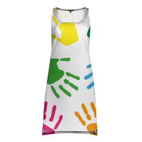Платье-майка 3D с принтом Цветные ладошки - Детский узор в Екатеринбурге, 100% полиэстер | полуприлегающий силуэт, широкие бретели, круглый вырез горловины, удлиненный подол сзади. | дети | детский | краска | ладошки | пальцы | радуга | ребенок | руки | след | узор