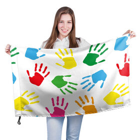 Флаг 3D с принтом Цветные ладошки - Детский узор в Екатеринбурге, 100% полиэстер | плотность ткани — 95 г/м2, размер — 67 х 109 см. Принт наносится с одной стороны | дети | детский | краска | ладошки | пальцы | радуга | ребенок | руки | след | узор