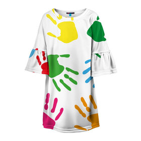 Детское платье 3D с принтом Цветные ладошки - Детский узор в Екатеринбурге, 100% полиэстер | прямой силуэт, чуть расширенный к низу. Круглая горловина, на рукавах — воланы | дети | детский | краска | ладошки | пальцы | радуга | ребенок | руки | след | узор