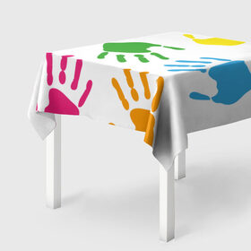 Скатерть 3D с принтом Цветные ладошки - Детский узор в Екатеринбурге, 100% полиэстер (ткань не мнется и не растягивается) | Размер: 150*150 см | дети | детский | краска | ладошки | пальцы | радуга | ребенок | руки | след | узор
