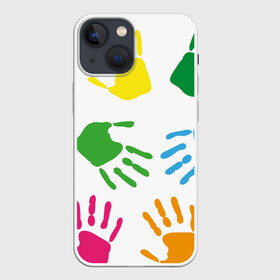 Чехол для iPhone 13 mini с принтом Цветные ладошки   Детский узор в Екатеринбурге,  |  | Тематика изображения на принте: дети | детский | краска | ладошки | пальцы | радуга | ребенок | руки | след | узор