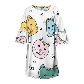 Детское платье 3D с принтом Узор - Смешные котики в Екатеринбурге, 100% полиэстер | прямой силуэт, чуть расширенный к низу. Круглая горловина, на рукавах — воланы | Тематика изображения на принте: детский | кот | котики | кошка | нарисованный | прикольные | смайлы | узор
