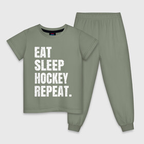 Детская пижама хлопок с принтом EAT SLEEP HOCKEY REPEAT в Екатеринбурге, 100% хлопок |  брюки и футболка прямого кроя, без карманов, на брюках мягкая резинка на поясе и по низу штанин
 | Тематика изображения на принте: boston | bruins | capitals | detroit | eat | eat sleep hockey repeat | hockey | nhl | penguins | pittsburgh | red wings | repeat | sleep | washington | вашингтон кэпиталз | нхл | питтсбург пингвинз | хокей | хоккей
