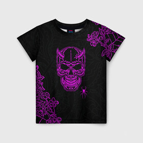 Детская футболка 3D с принтом Demonic skull в Екатеринбурге, 100% гипоаллергенный полиэфир | прямой крой, круглый вырез горловины, длина до линии бедер, чуть спущенное плечо, ткань немного тянется | demon | evil | skull | готический | демон | дьявол | зло | монстр | паук | паутина | рога | скелет | цветы | череп