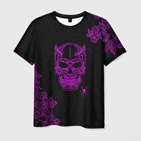 Мужская футболка 3D с принтом Demonic skull в Екатеринбурге, 100% полиэфир | прямой крой, круглый вырез горловины, длина до линии бедер | Тематика изображения на принте: demon | evil | skull | готический | демон | дьявол | зло | монстр | паук | паутина | рога | скелет | цветы | череп